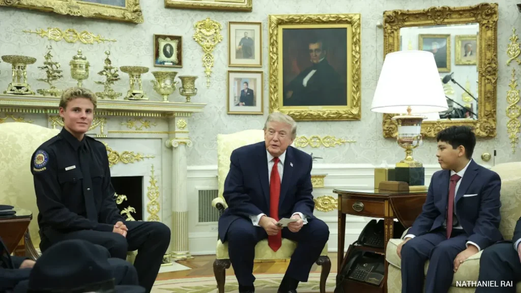 US President Donald Trump on Monday felicitated a 16-year-old lifeguard who saved a 10-year-old