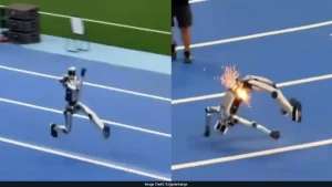 A bipedal humanoid robot suffered a catastrophic malfunction while training for a race on a sprint track