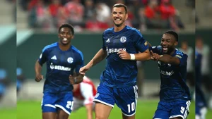 Edin Dzeko scored twice and played a decisive role in two further goals as Schalke 04 survived a major