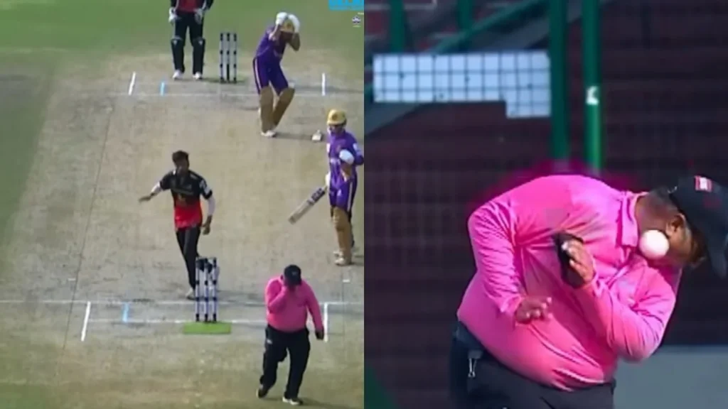 Lakshay Thareja 's straight drive off Ashish Meena's delivery went on to strike the umpire