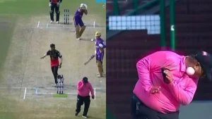 Lakshay Thareja 's straight drive off Ashish Meena's delivery went on to strike the umpire