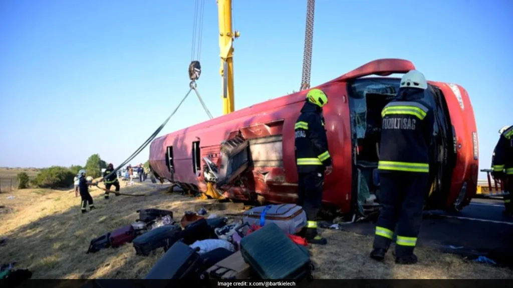 A bus tipped over after running into a ditch early Sunday near Mezokeresztes in eastern Hungary