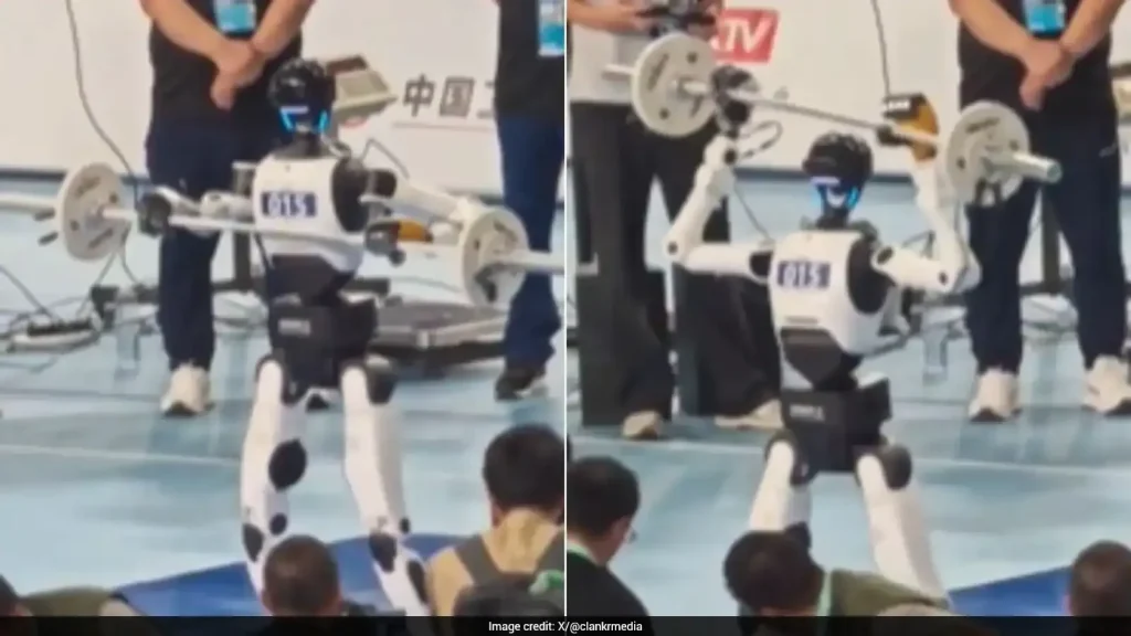 A wild video shows the moment a weightlifting robot lost its balance and crashed directly