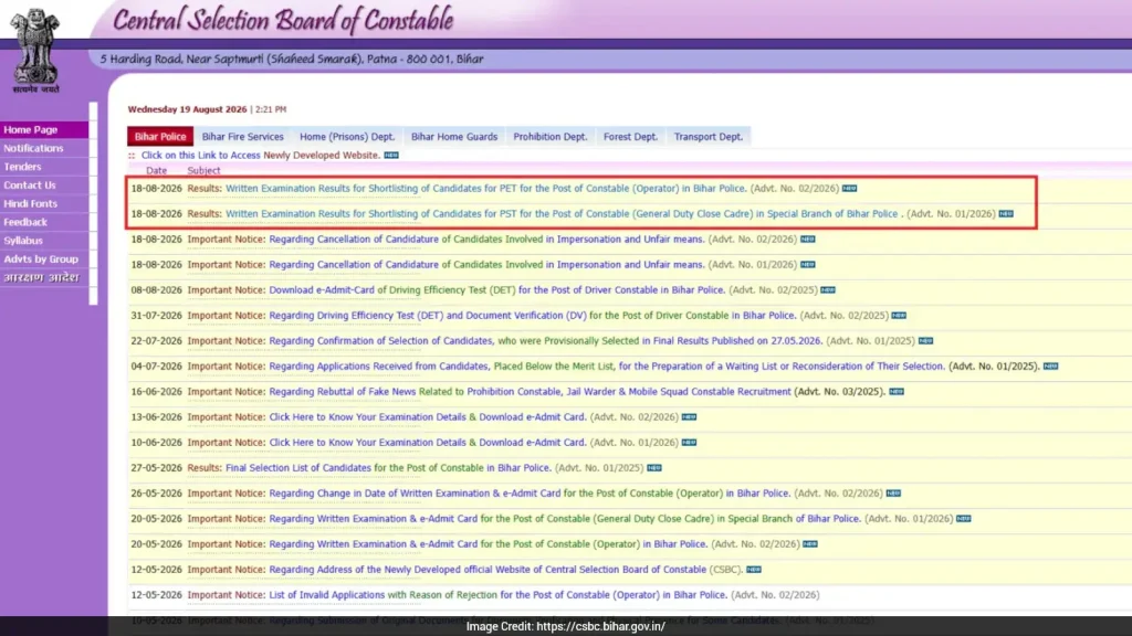 The Central Selection Board of Constable (CSBC) in Bihar has published the results for the recruitment