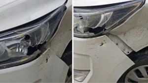 BJP leader Anil Baluni narrowly avoided injury on Friday morning when a boulder fell on his vehicle