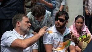 “Rahul Gandhi, Leader of Opposition, is on a dharna outside the DCP office, New Delhi, alleging that