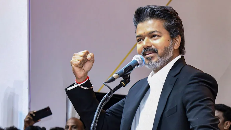 Addressing voters in Dharapuram, Vijay appealed to them not to vote for DMK or the AIADMK