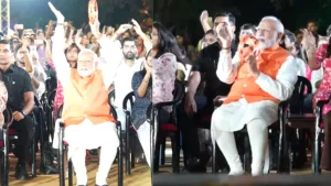 Seated on front row, PM Modi was seen clapping and playing a tambourine-like instrument