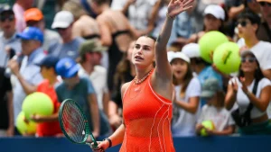 Two-time defending champion Aryna Sabalenka out-gunned Kamilla Rakhimova 6-3, 6-4 to lead