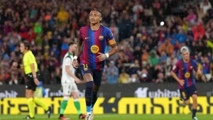 Raphinha scored a hat-trick as La Liga leaders Barcelona ripped Racing Santander to shreds