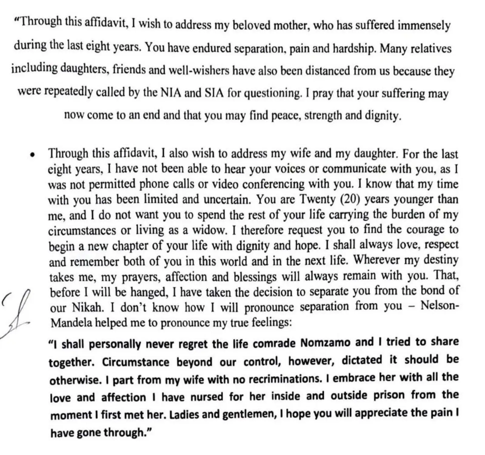 Malik wrote that for the last eight years he has not been allowed to speak to his wife on phone