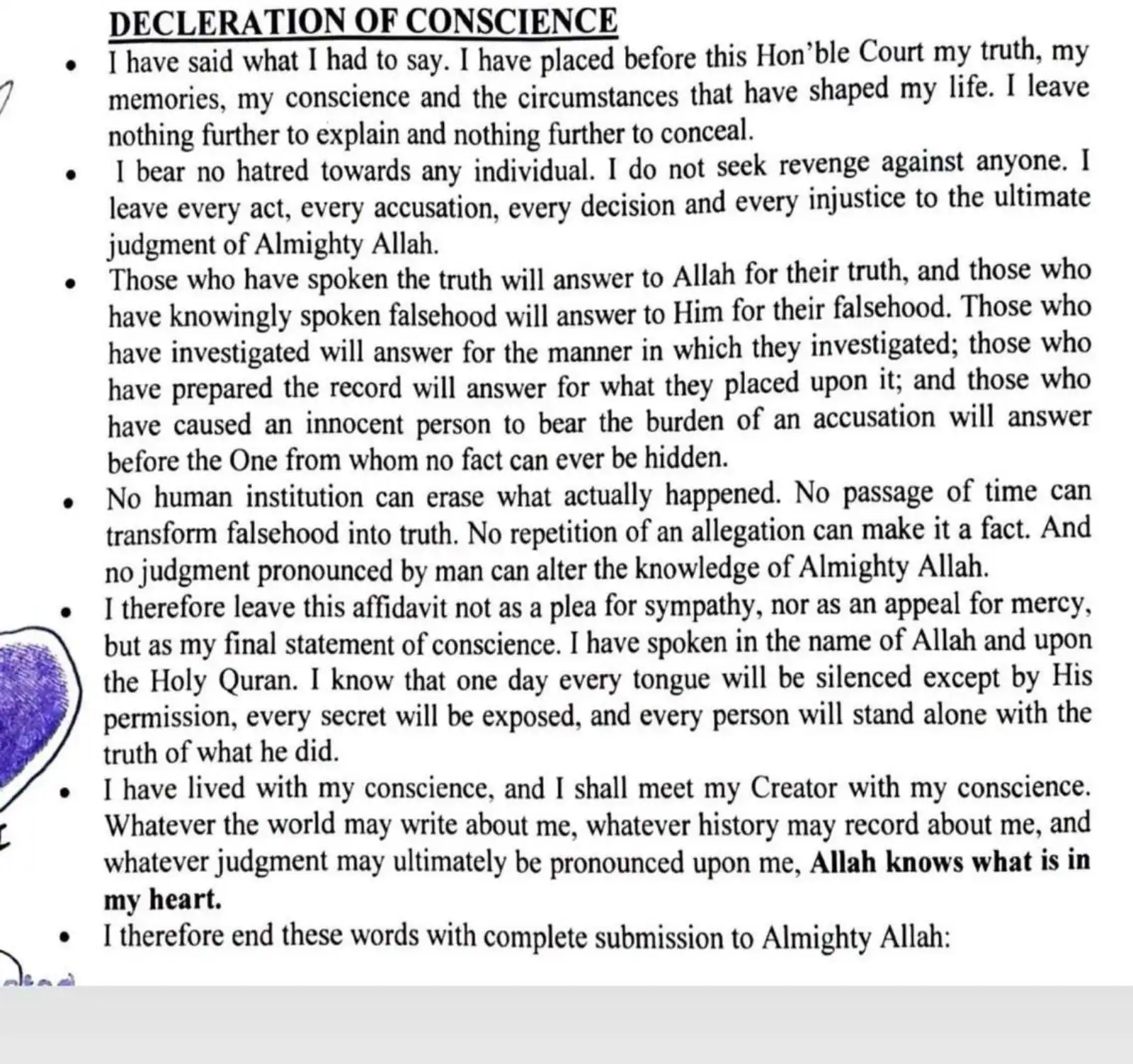 Malik wrote that for the last eight years he has not been allowed to speak to his wife on phone