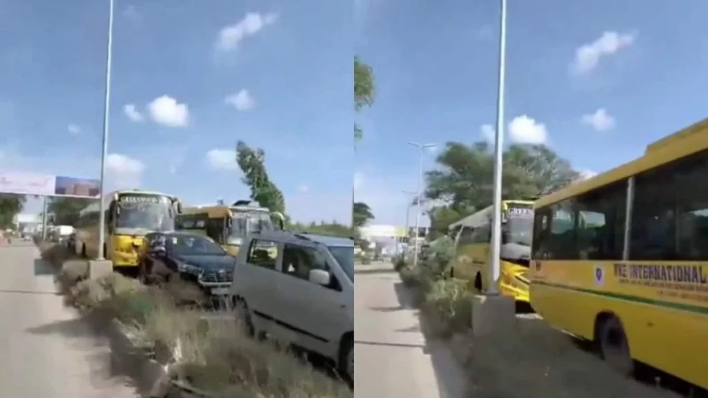 School buses from several institutions took over two hours to cover the short distance