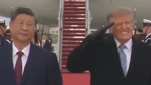 US President Donald Trump's reaction during a military flyover for Chinese President Xi Jinping