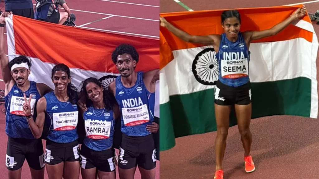 India won a silver medal in the mixed 4x400m relay, while Seema Kumari grabbed a landmark