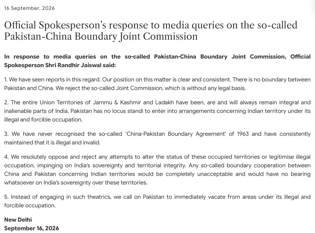 India Rejects Pak-China Border Commission On Indian Areas, criticises "Theatrics"