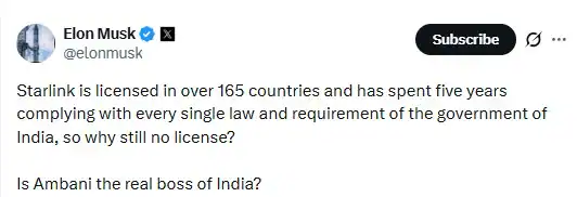 Musk took to X again on Thursday and asked why Starlink has not received the licence, claiming