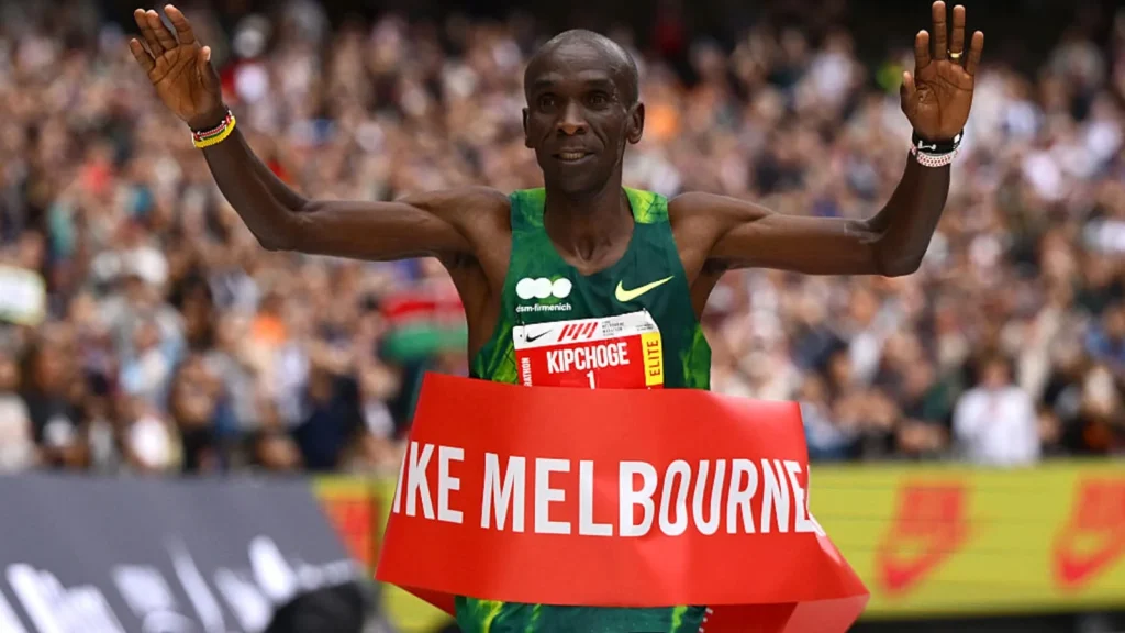 Two-time Olympic champion Eliud Kipchoge set a race record Sunday in winning the Melbourne