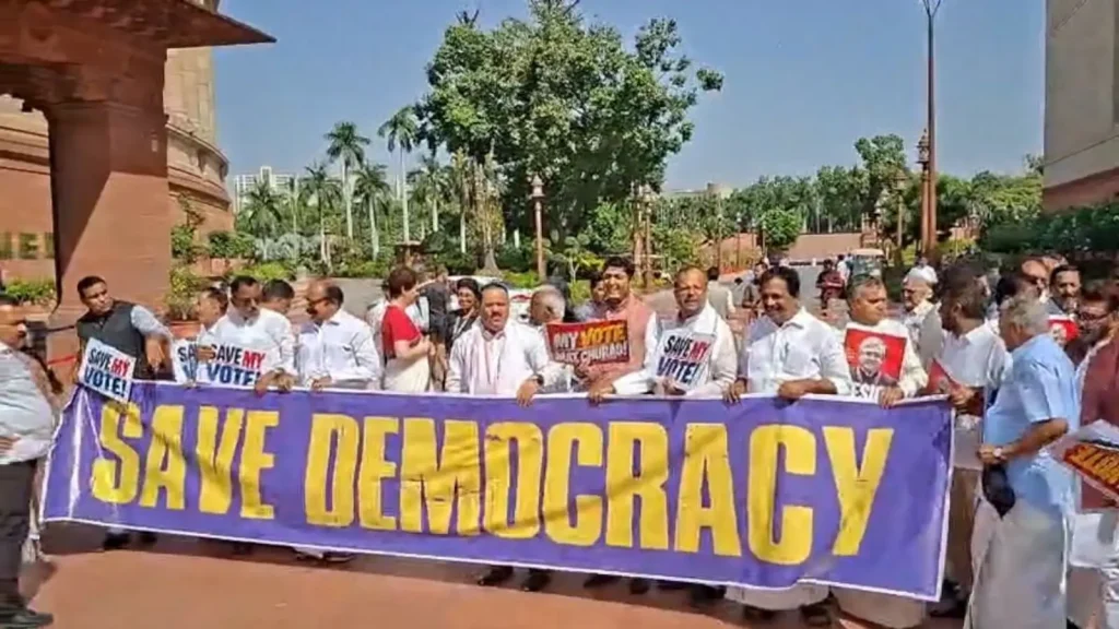 With posters in hand, the Opposition MPs from INDIA bloc are raising slogans against Chief