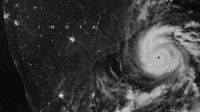 Amid the storm's passage, NASA 's satellite captured a nighttime image of Cyclone Arnab as it