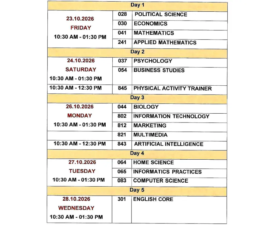 The Central Board of Secondary Education (CBSE) has released the date sheet for the Class 12