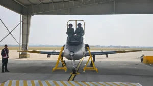 Air Chief Marshal Singh was given a water cannon salute as a mark of respect as he landed