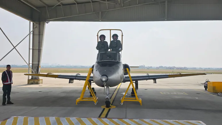 Air Chief Marshal Singh was given a water cannon salute as a mark of respect as he landed