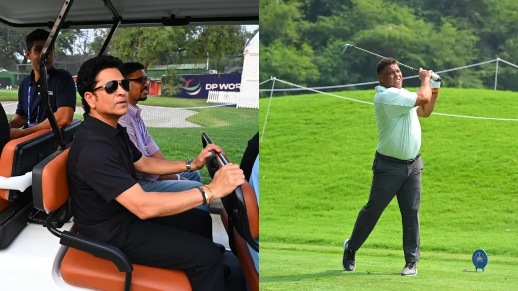 Inside the lounge overlooking the 18th hole at the Delhi Golf Club, a glimpse of Sachin