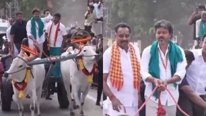 Tamil Nadu chief minister and TVK president C Joseph Vijay rode a bullock cart for a short