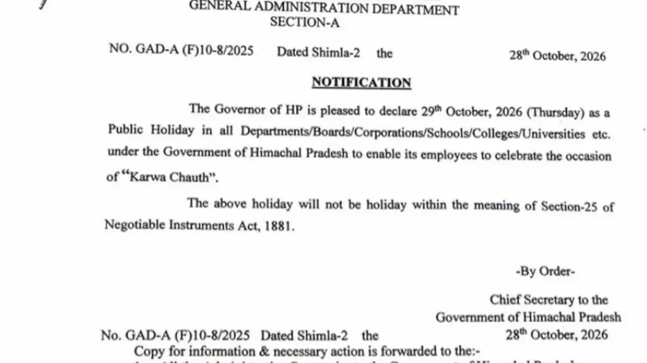 The Himachal Pradesh government has declared October 29, as a public holiday across the state